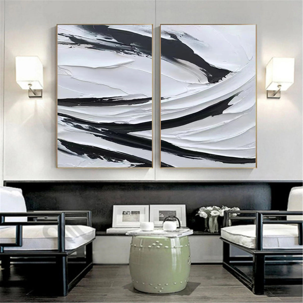 White & Black Minimalist Textured Painting Canvas #MM063